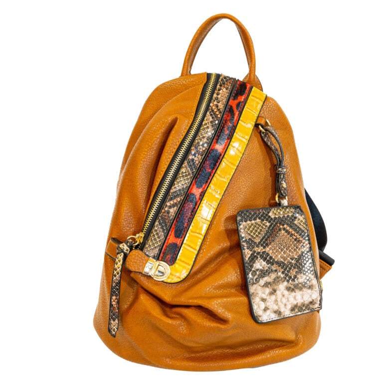 Camel Colored Faux Snakeskin Trimmed Backpack
