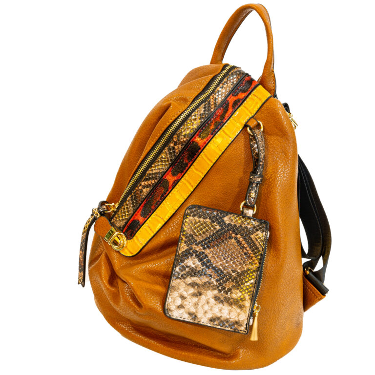 Camel Colored Faux Snakeskin Trimmed Backpack