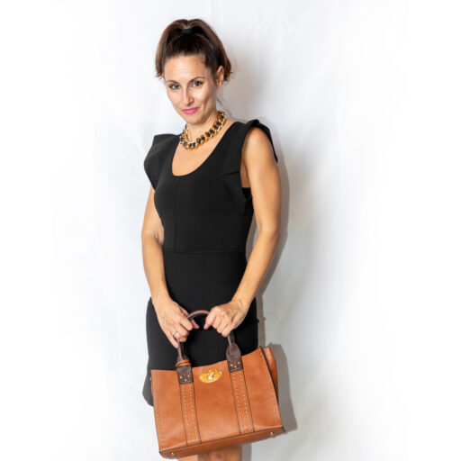 Brown Square Tote Top Handle & Strap With Attached Inner Removable Pouch